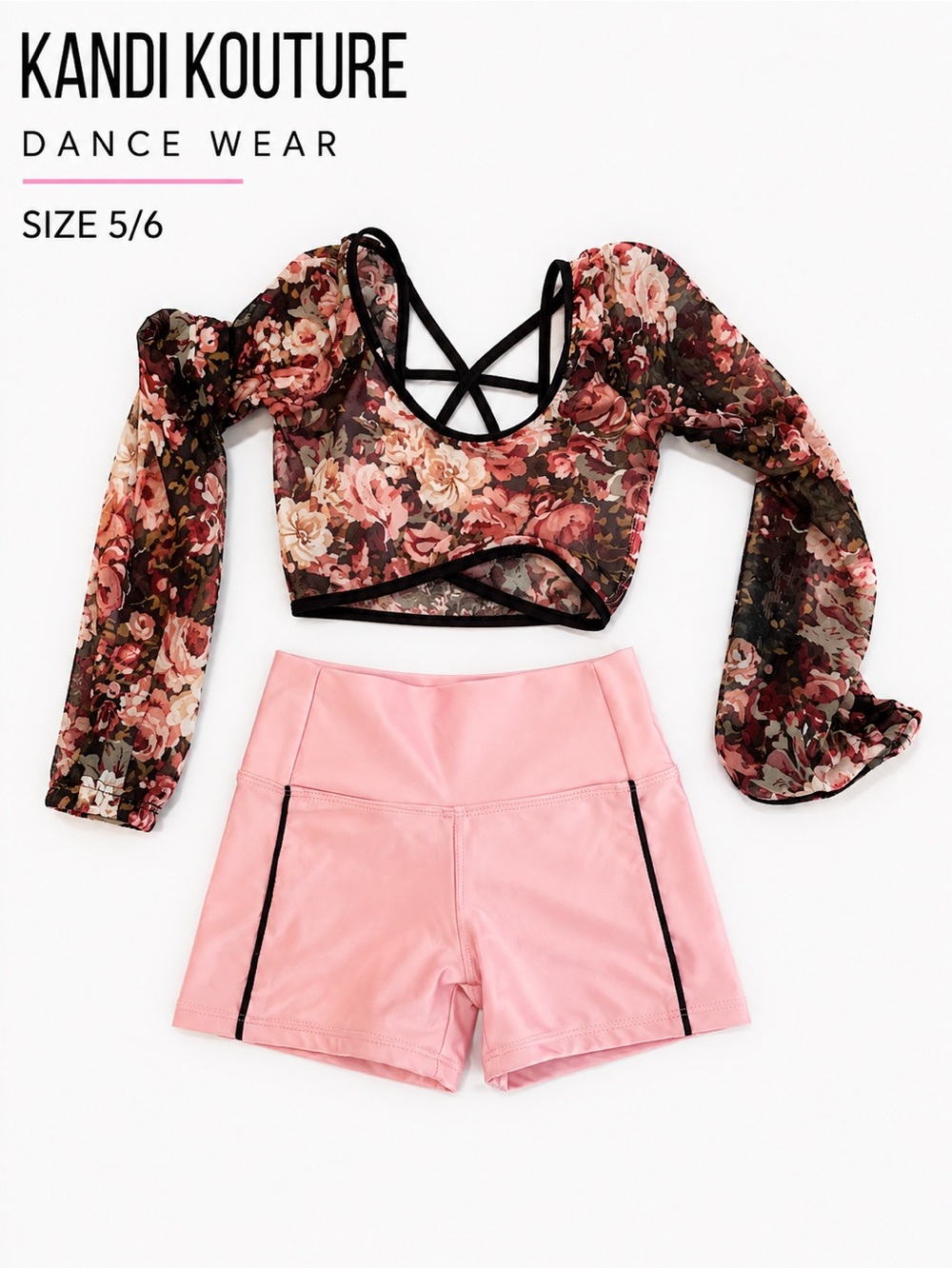 Kandi Kouture Floral Mesh Dance Crop & Pink Shorts Set - Size 5/6